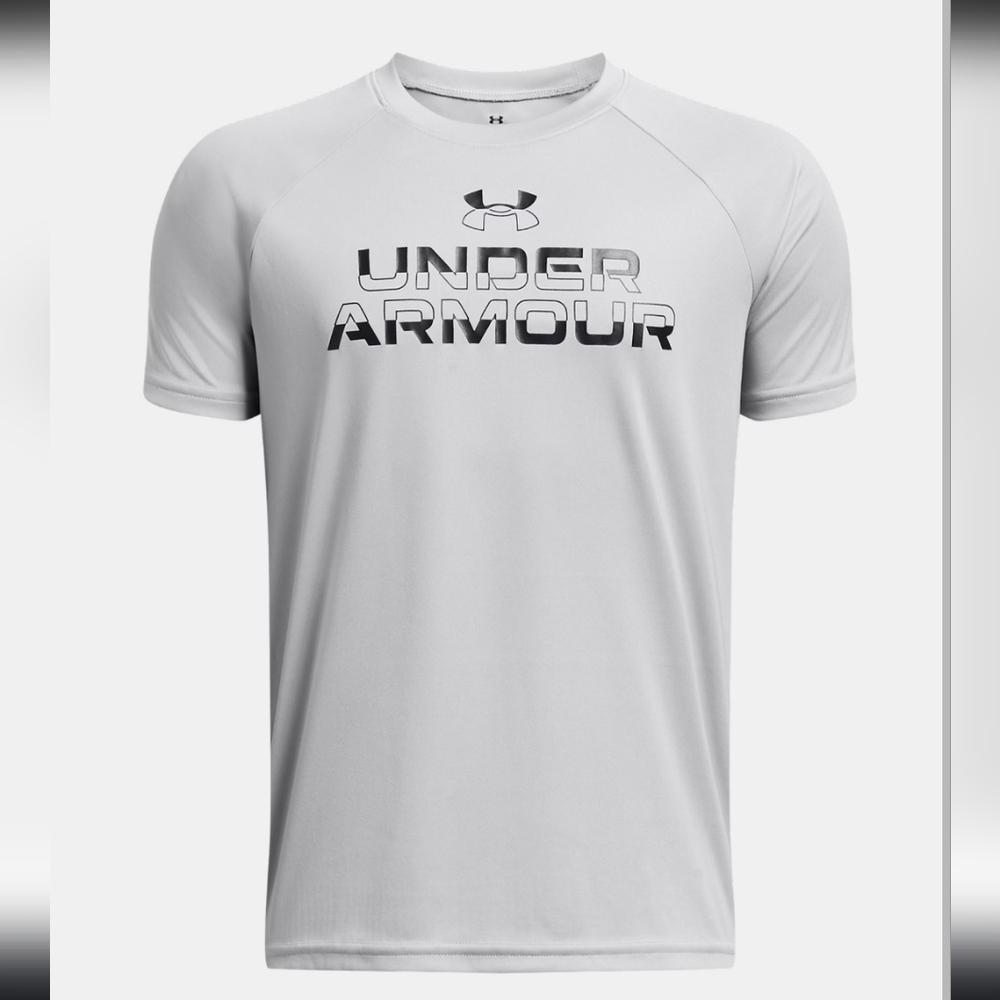 NWT UA Tech Split Wordmark Boys' Short Sleeve Gray Performance Shirt. Sz: YL